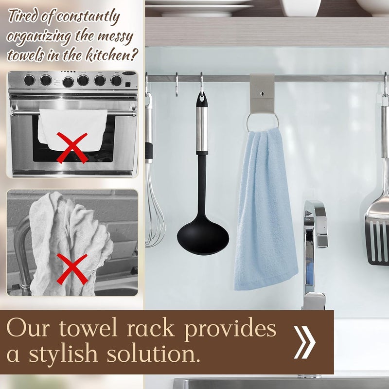 MISAKTEAM 4 PCS Leather & Metal Towel Ring Holder for Kitchen Dish Towels Holder with Loop Oven Door Hanger Gifts for Farmhouse Home Decor(Grey) - Image 3